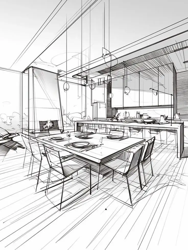 Pencil sketch of a dining room